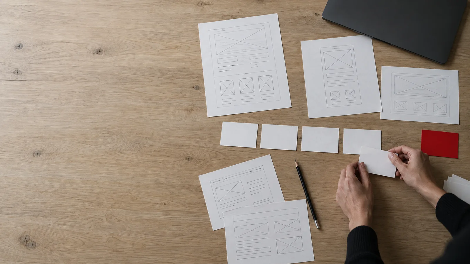 Paper wireframe sketches and index cards spread across a worktable during a design session.